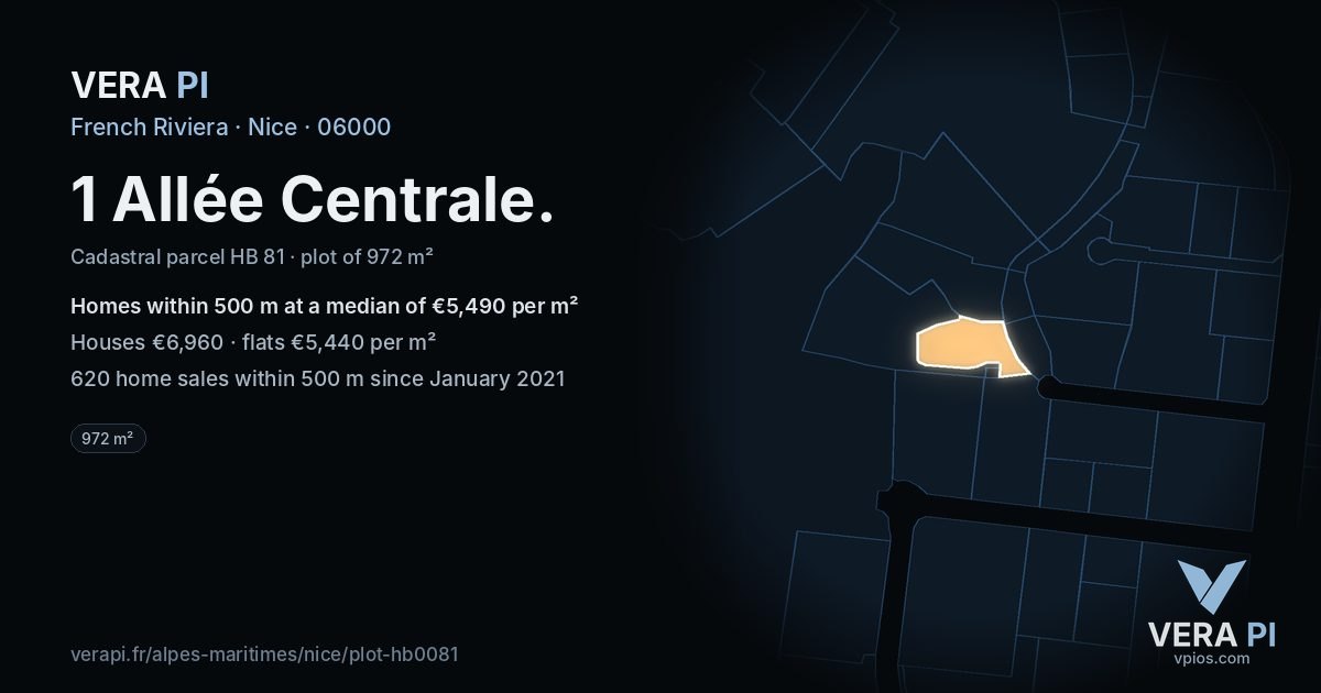 1 Allée Centrale, Nice at night – the plot lit, the parcels around coloured by the prices near them