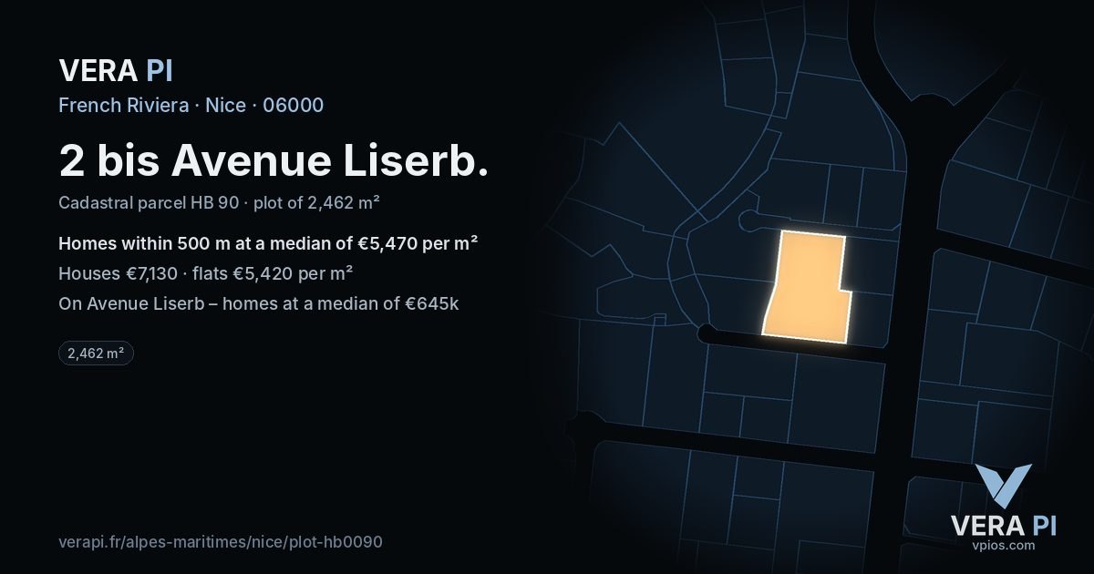 2 bis Avenue Liserb, Nice at night – the plot lit, the parcels around coloured by the prices near them