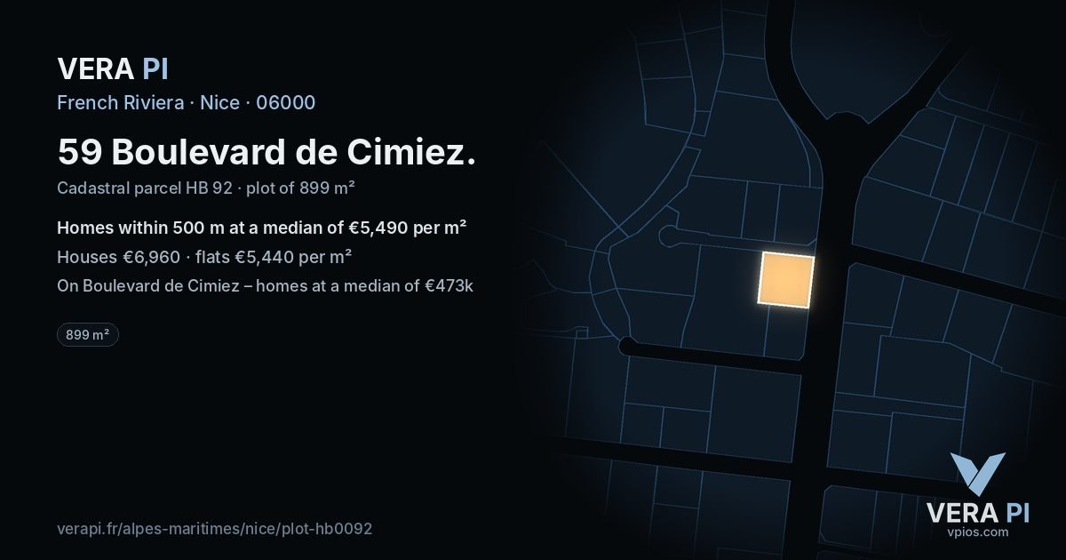 59 Boulevard de Cimiez, Nice at night – the plot lit, the parcels around coloured by the prices near them