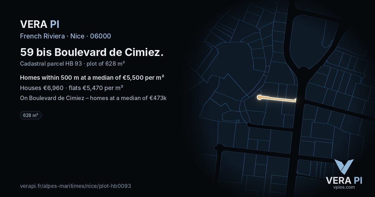 59 bis Boulevard de Cimiez, Nice at night – the plot lit, the parcels around coloured by the prices near them