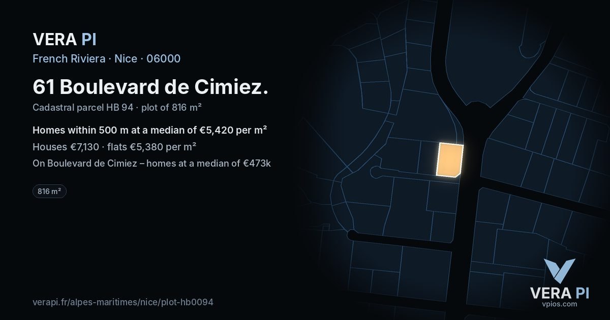 61 Boulevard de Cimiez, Nice at night – the plot lit, the parcels around coloured by the prices near them
