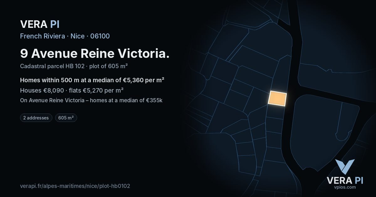 9 Avenue Reine Victoria, Nice at night – the plot lit, the parcels around coloured by the prices near them