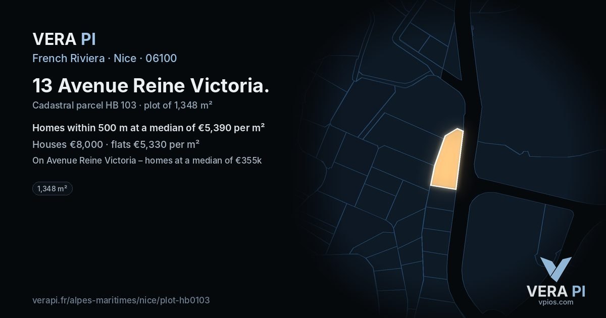 13 Avenue Reine Victoria, Nice at night – the plot lit, the parcels around coloured by the prices near them