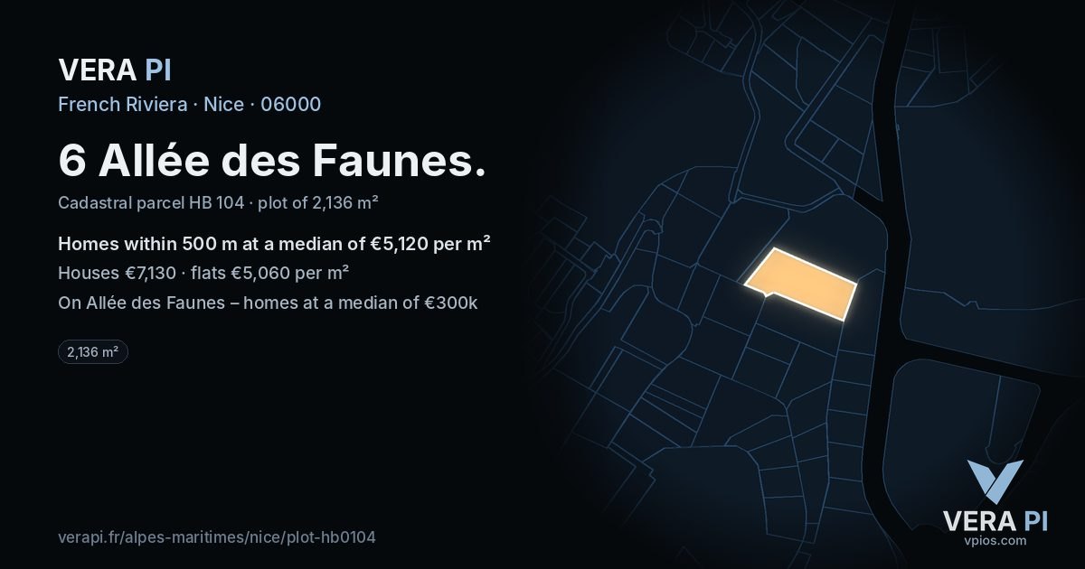 6 Allée des Faunes, Nice at night – the plot lit, the parcels around coloured by the prices near them