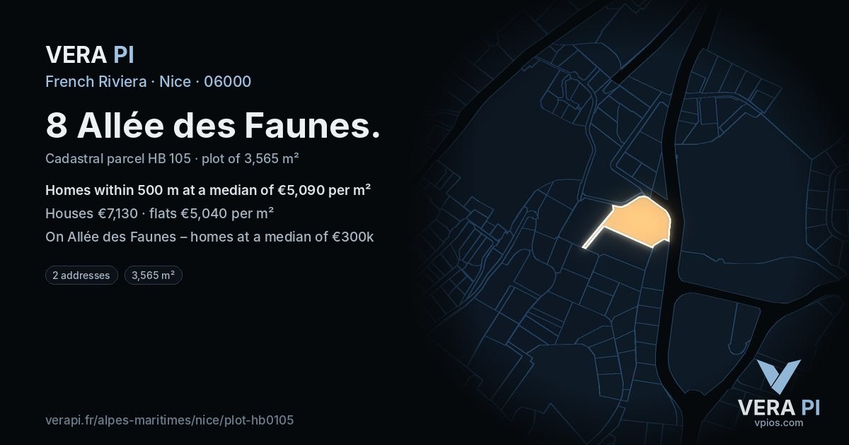 8 Allée des Faunes, Nice at night – the plot lit, the parcels around coloured by the prices near them