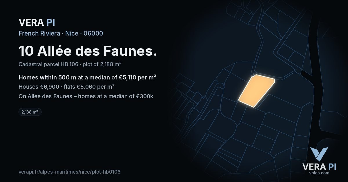 10 Allée des Faunes, Nice at night – the plot lit, the parcels around coloured by the prices near them