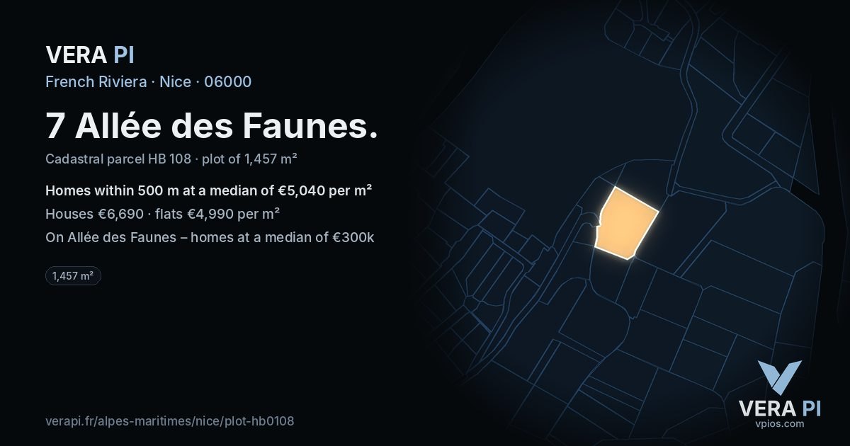 7 Allée des Faunes, Nice at night – the plot lit, the parcels around coloured by the prices near them