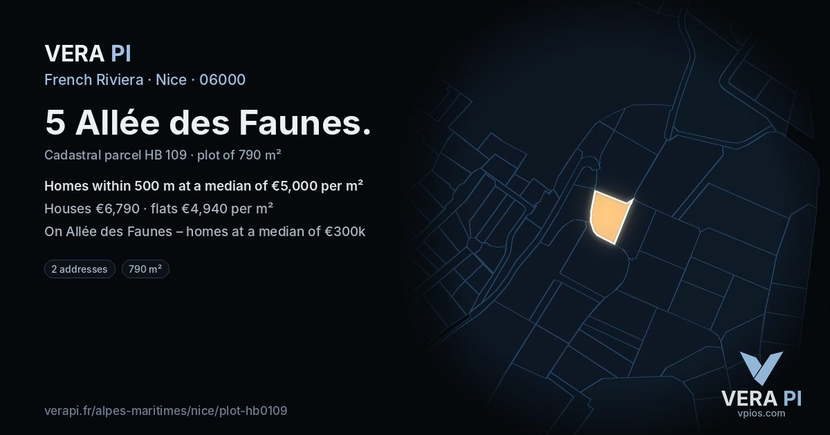 5 Allée des Faunes, Nice at night – the plot lit, the parcels around coloured by the prices near them