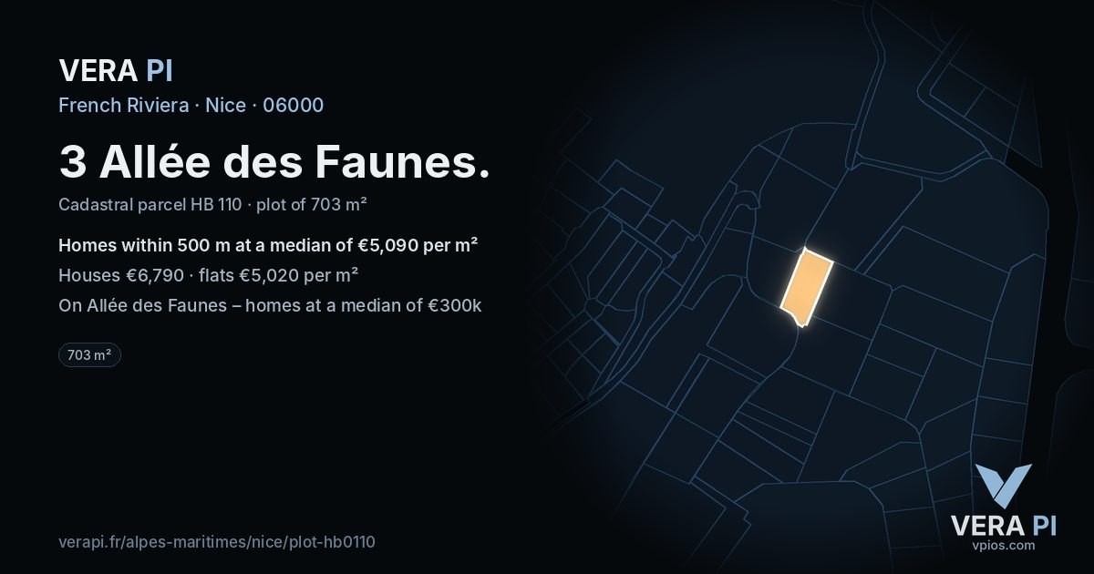 3 Allée des Faunes, Nice at night – the plot lit, the parcels around coloured by the prices near them