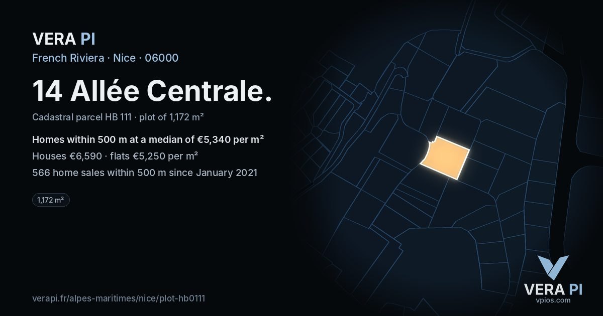14 Allée Centrale, Nice at night – the plot lit, the parcels around coloured by the prices near them