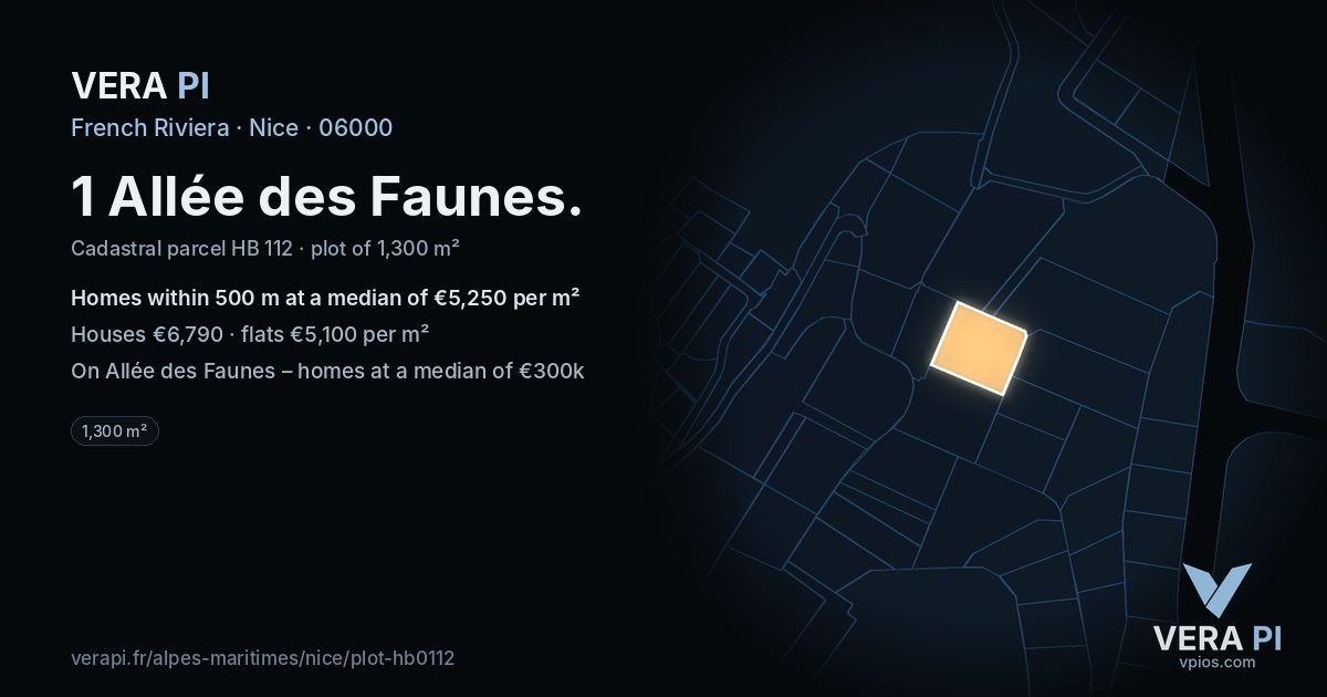 1 Allée des Faunes, Nice at night – the plot lit, the parcels around coloured by the prices near them