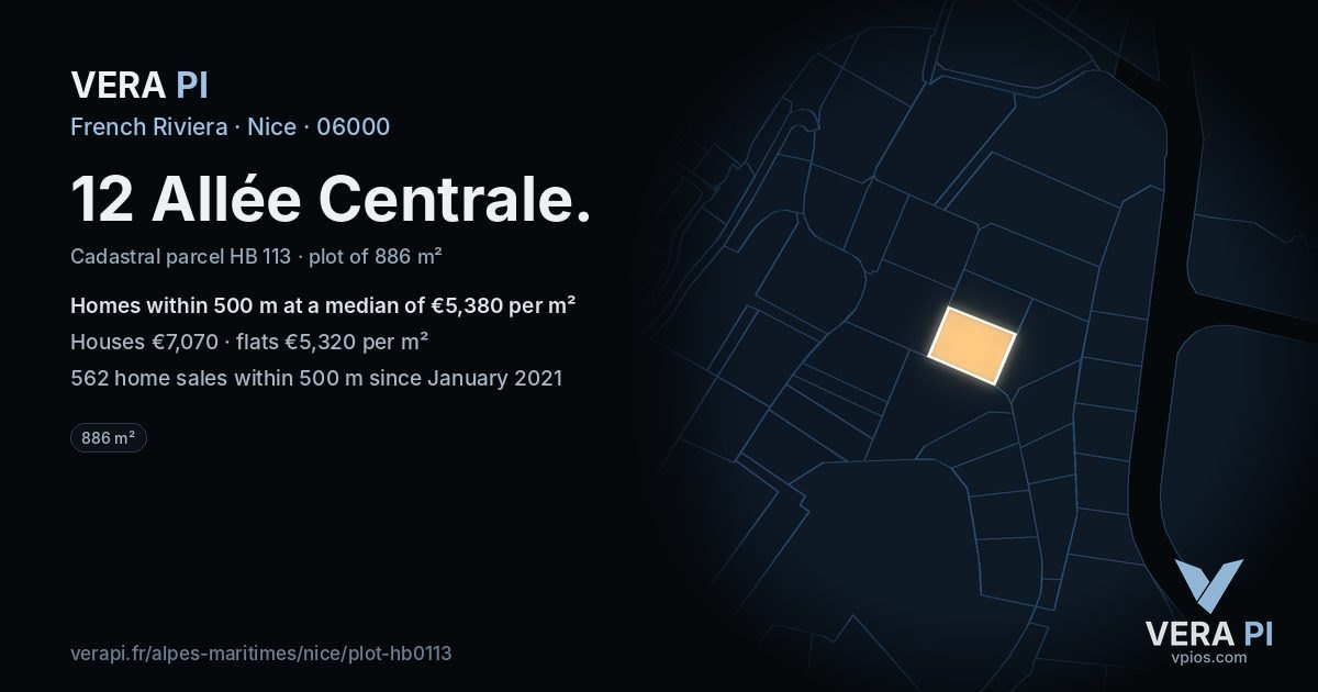 12 Allée Centrale, Nice at night – the plot lit, the parcels around coloured by the prices near them