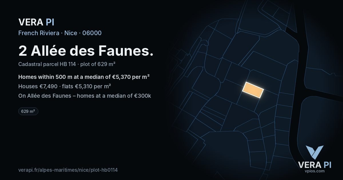 2 Allée des Faunes, Nice at night – the plot lit, the parcels around coloured by the prices near them