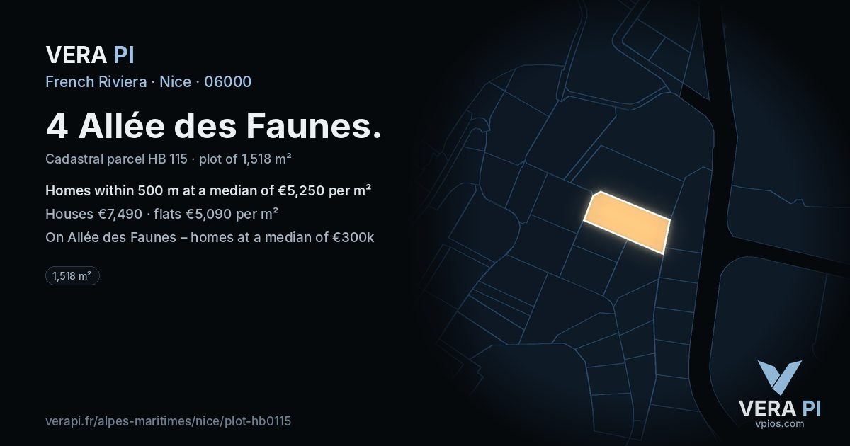 4 Allée des Faunes, Nice at night – the plot lit, the parcels around coloured by the prices near them