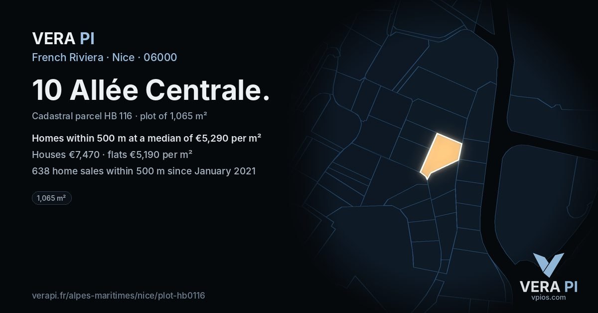 10 Allée Centrale, Nice at night – the plot lit, the parcels around coloured by the prices near them