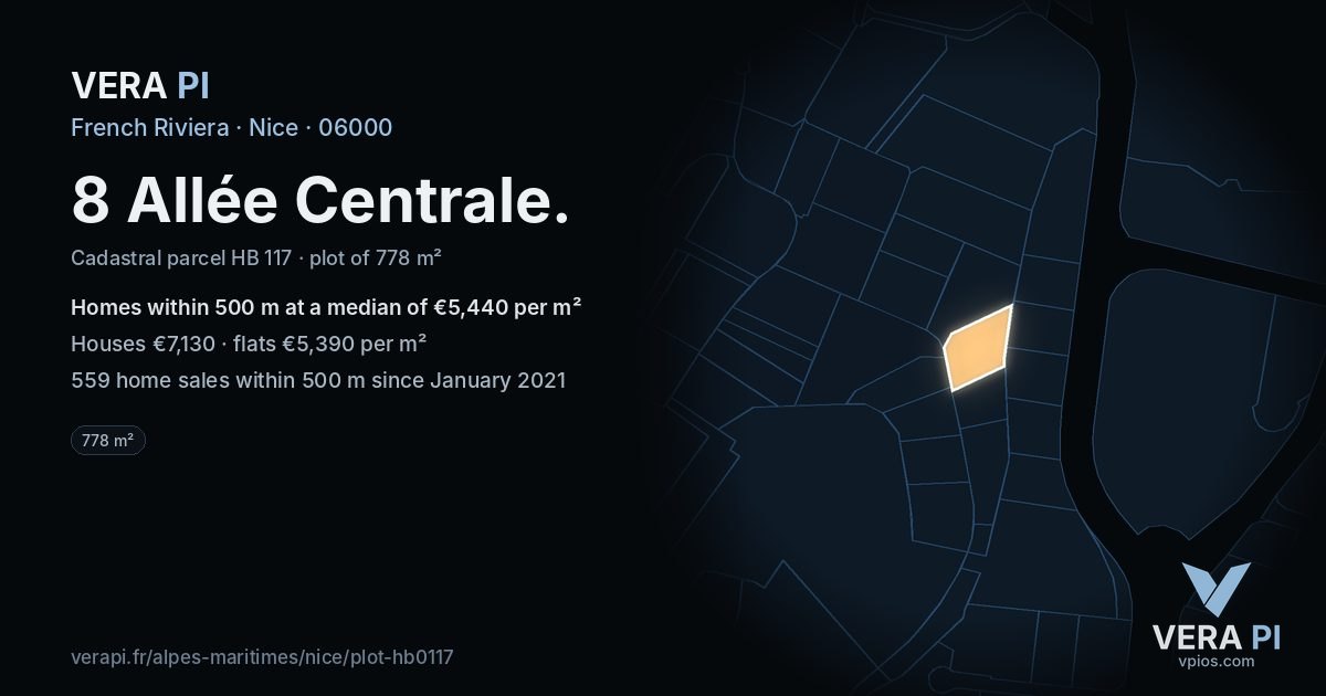 8 Allée Centrale, Nice at night – the plot lit, the parcels around coloured by the prices near them