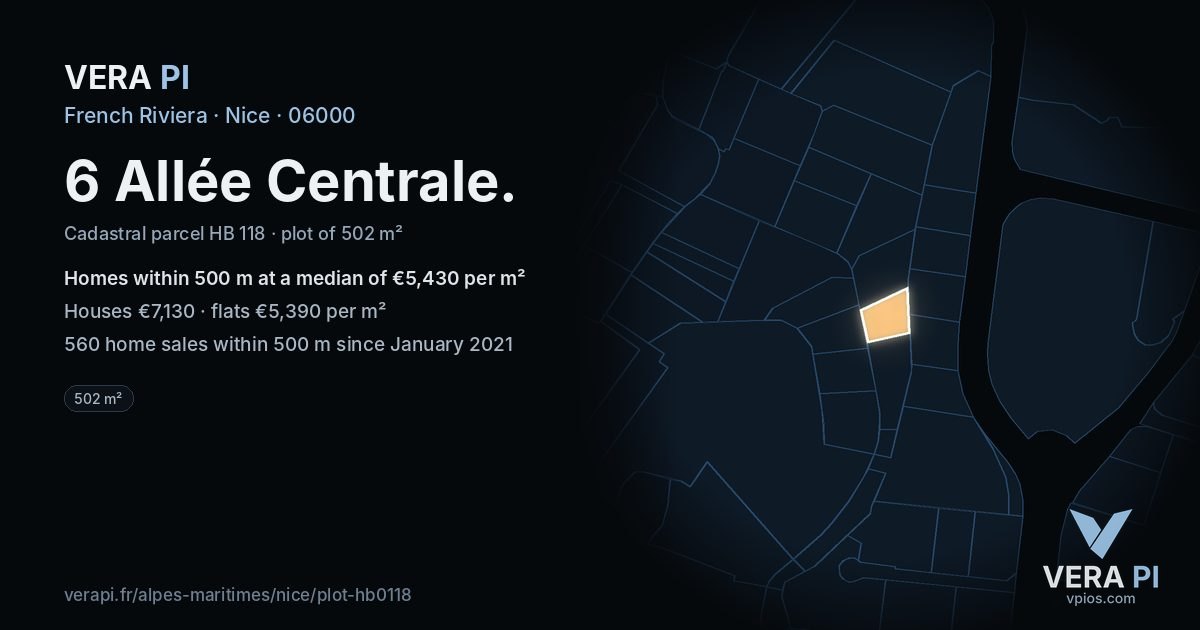 6 Allée Centrale, Nice at night – the plot lit, the parcels around coloured by the prices near them