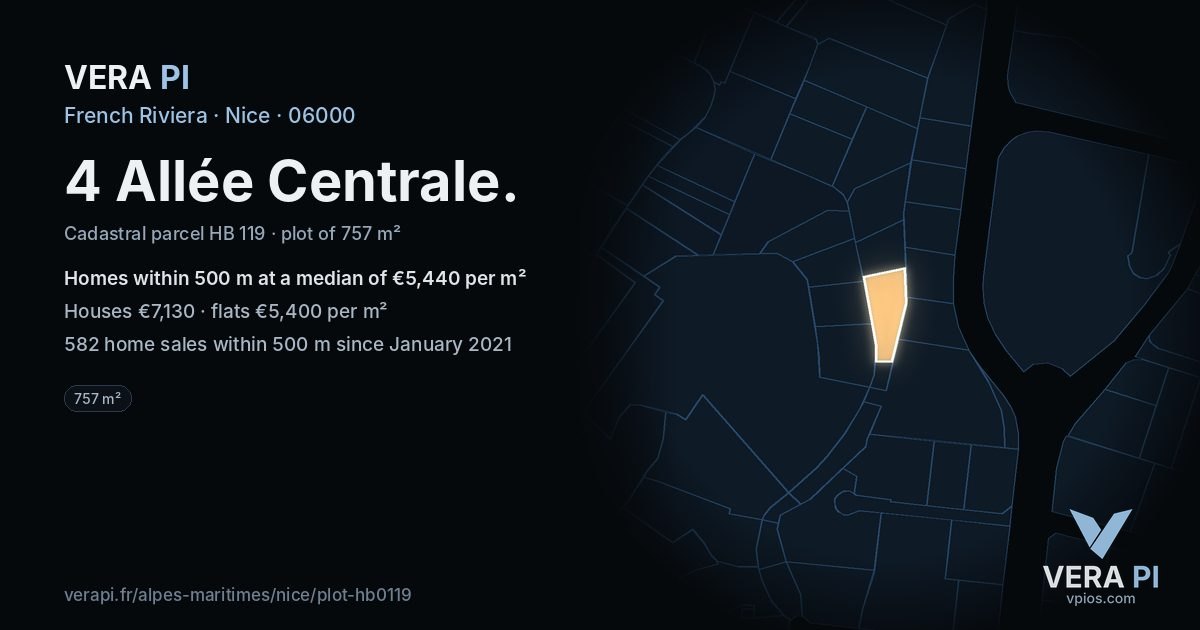 4 Allée Centrale, Nice at night – the plot lit, the parcels around coloured by the prices near them