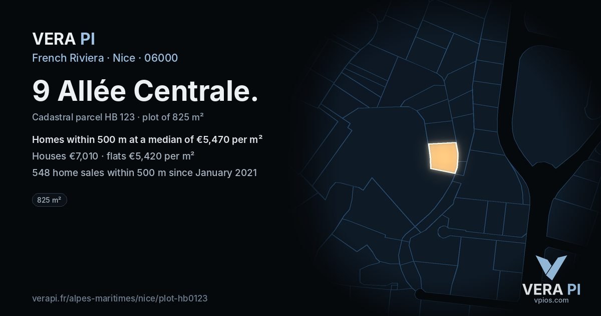 9 Allée Centrale, Nice at night – the plot lit, the parcels around coloured by the prices near them