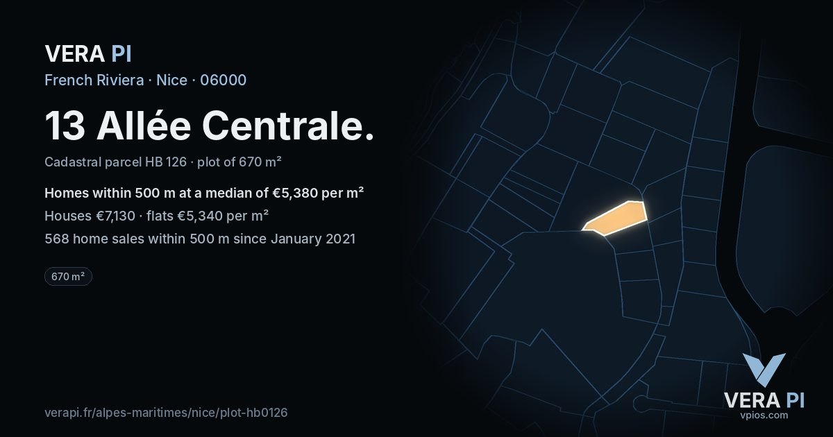 13 Allée Centrale, Nice at night – the plot lit, the parcels around coloured by the prices near them