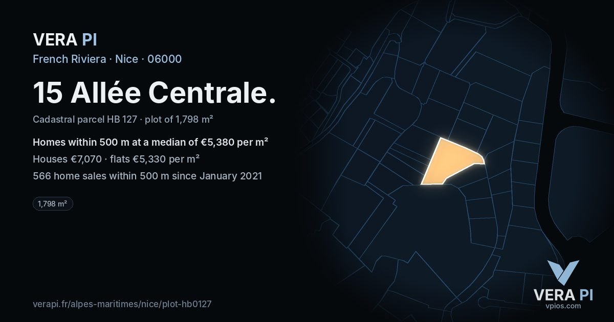 15 Allée Centrale, Nice at night – the plot lit, the parcels around coloured by the prices near them