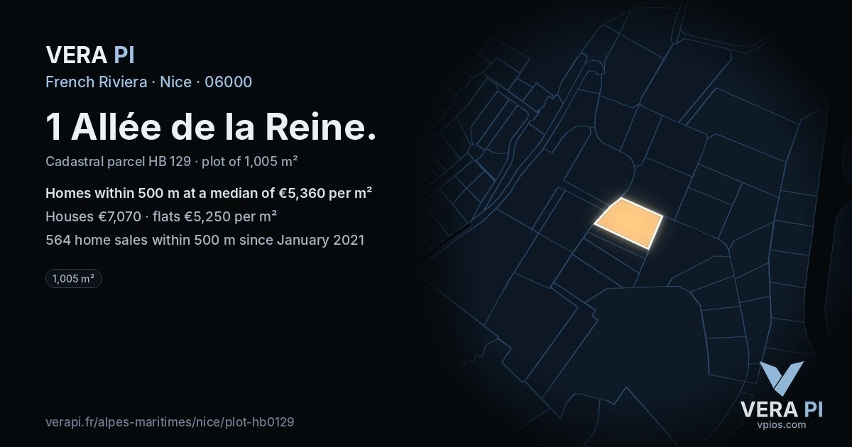 1 Allée de la Reine, Nice at night – the plot lit, the parcels around coloured by the prices near them