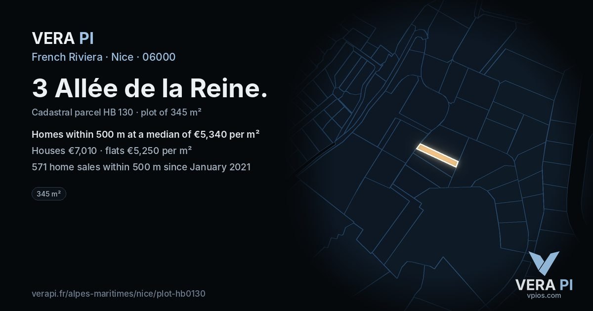 3 Allée de la Reine, Nice at night – the plot lit, the parcels around coloured by the prices near them