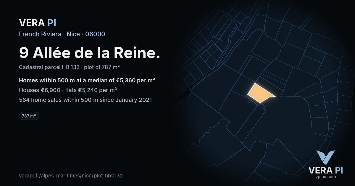 9 Allée de la Reine, Nice at night – the plot lit, the parcels around coloured by the prices near them