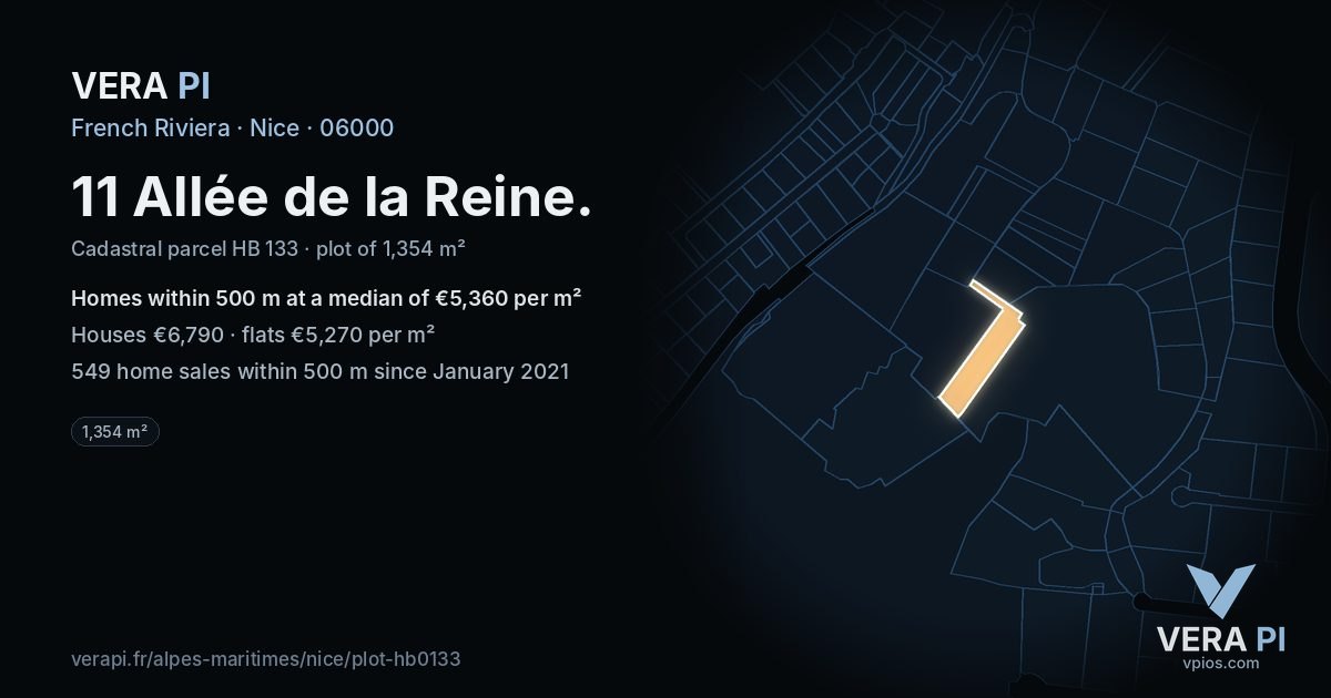 11 Allée de la Reine, Nice at night – the plot lit, the parcels around coloured by the prices near them