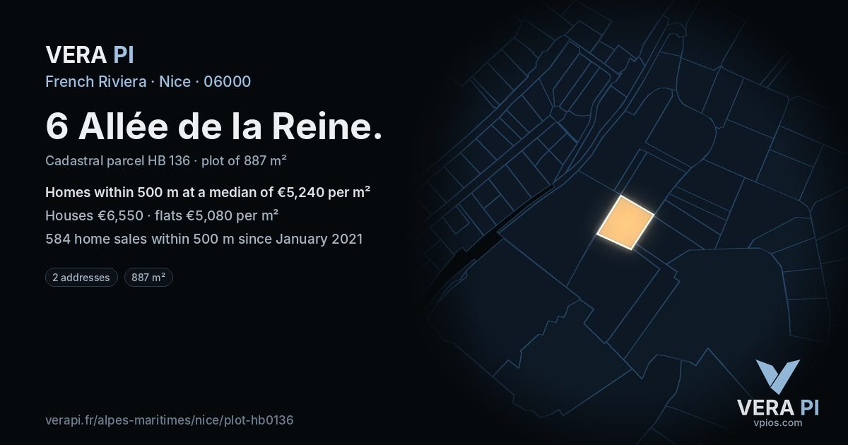 6 Allée de la Reine, Nice at night – the plot lit, the parcels around coloured by the prices near them