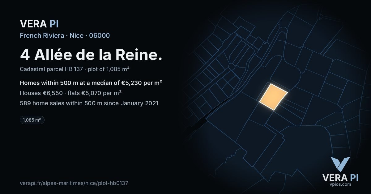4 Allée de la Reine, Nice at night – the plot lit, the parcels around coloured by the prices near them