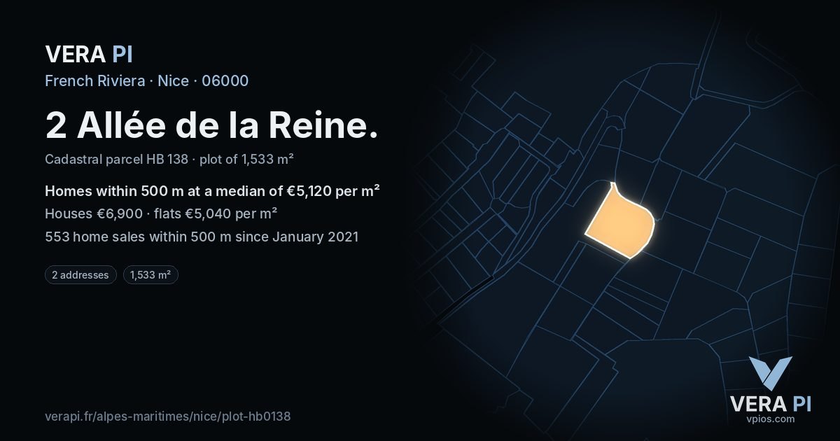2 Allée de la Reine, Nice at night – the plot lit, the parcels around coloured by the prices near them