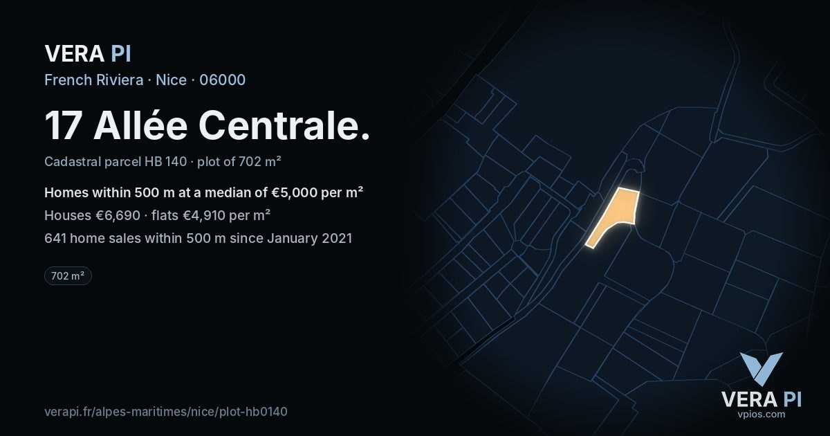17 Allée Centrale, Nice at night – the plot lit, the parcels around coloured by the prices near them