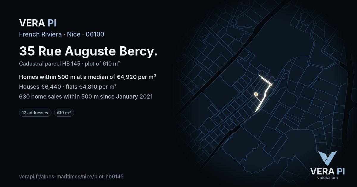 35 Rue Auguste Bercy, Nice at night – the plot lit, the parcels around coloured by the prices near them