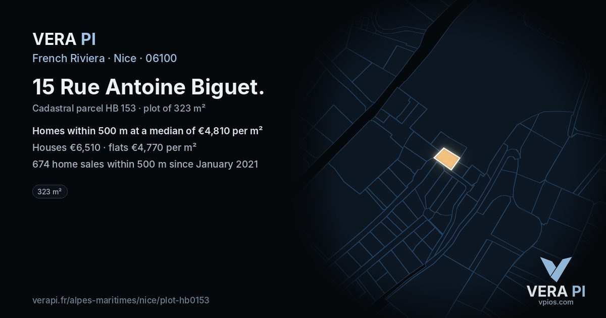 15 Rue Antoine Biguet, Nice at night – the plot lit, the parcels around coloured by the prices near them