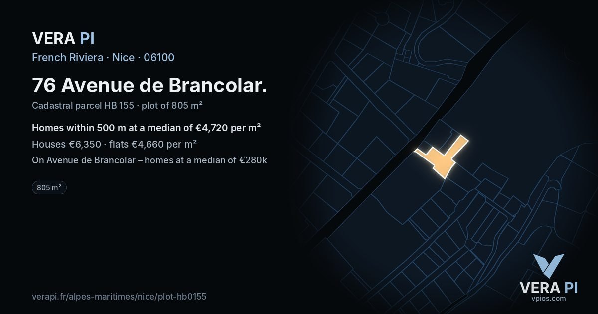 76 Avenue de Brancolar, Nice at night – the plot lit, the parcels around coloured by the prices near them