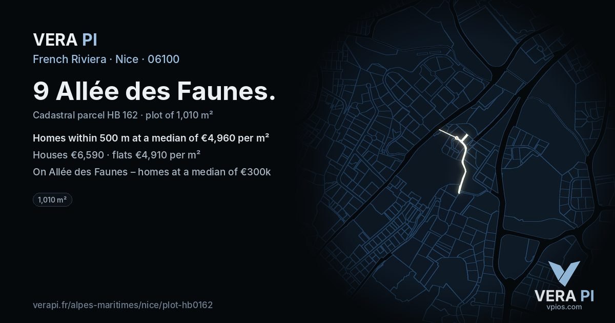 9 Allée des Faunes, Nice at night – the plot lit, the parcels around coloured by the prices near them