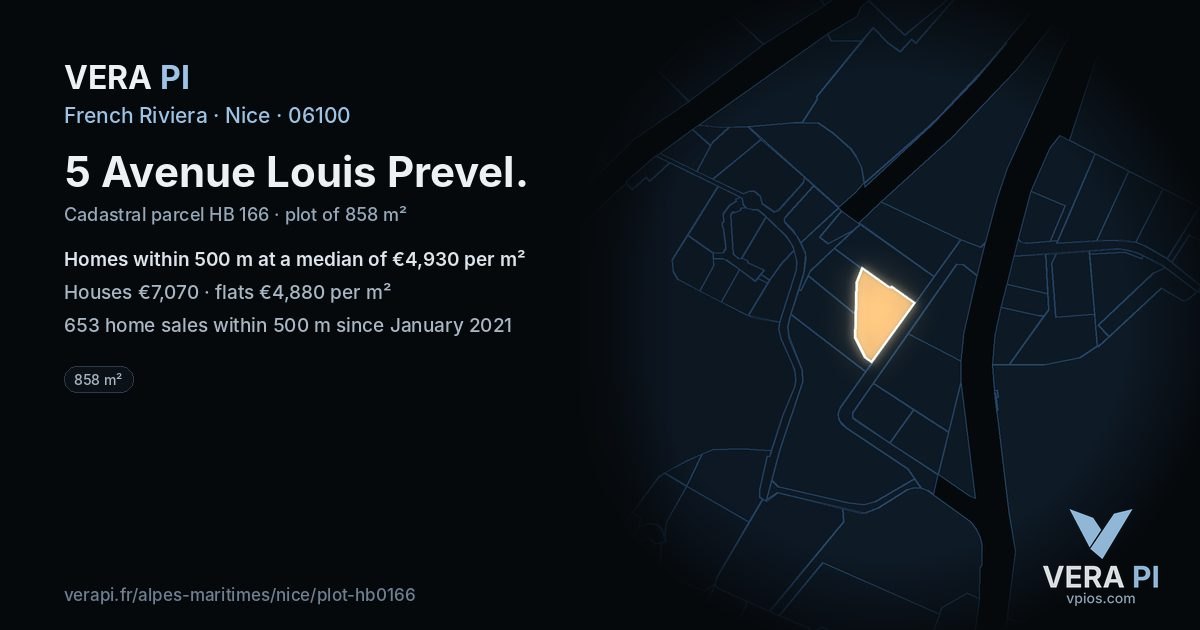 5 Avenue Louis Prevel, Nice at night – the plot lit, the parcels around coloured by the prices near them