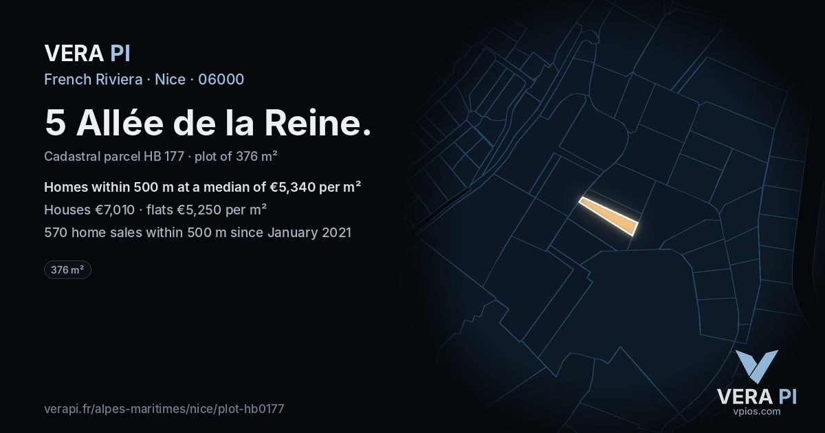 5 Allée de la Reine, Nice at night – the plot lit, the parcels around coloured by the prices near them