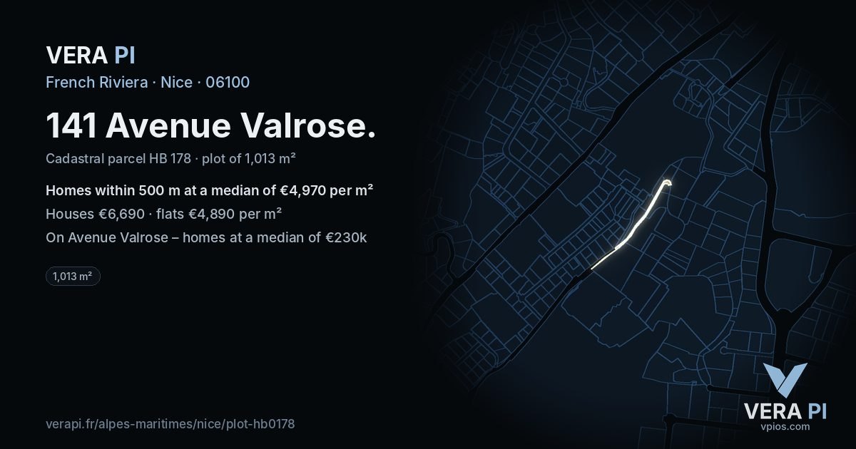 141 Avenue Valrose, Nice at night – the plot lit, the parcels around coloured by the prices near them