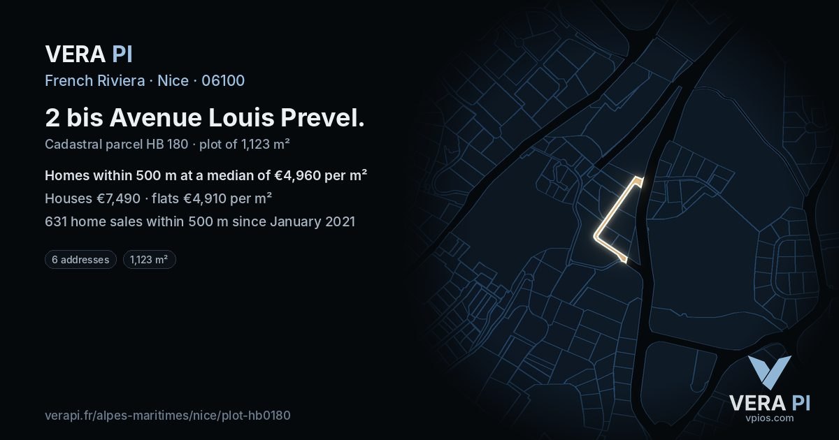 2 bis Avenue Louis Prevel, Nice at night – the plot lit, the parcels around coloured by the prices near them