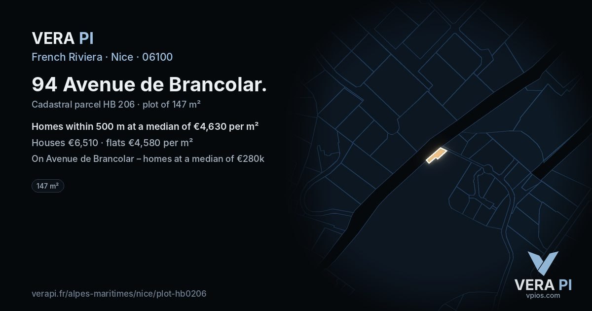 94 Avenue de Brancolar, Nice at night – the plot lit, the parcels around coloured by the prices near them