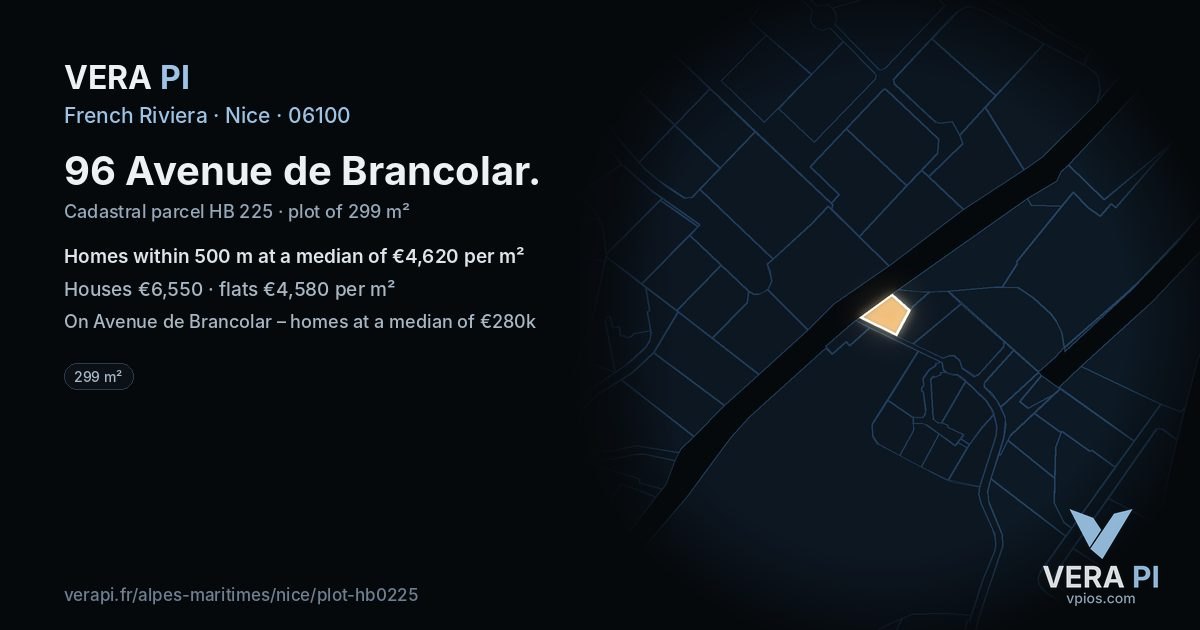 96 Avenue de Brancolar, Nice at night – the plot lit, the parcels around coloured by the prices near them