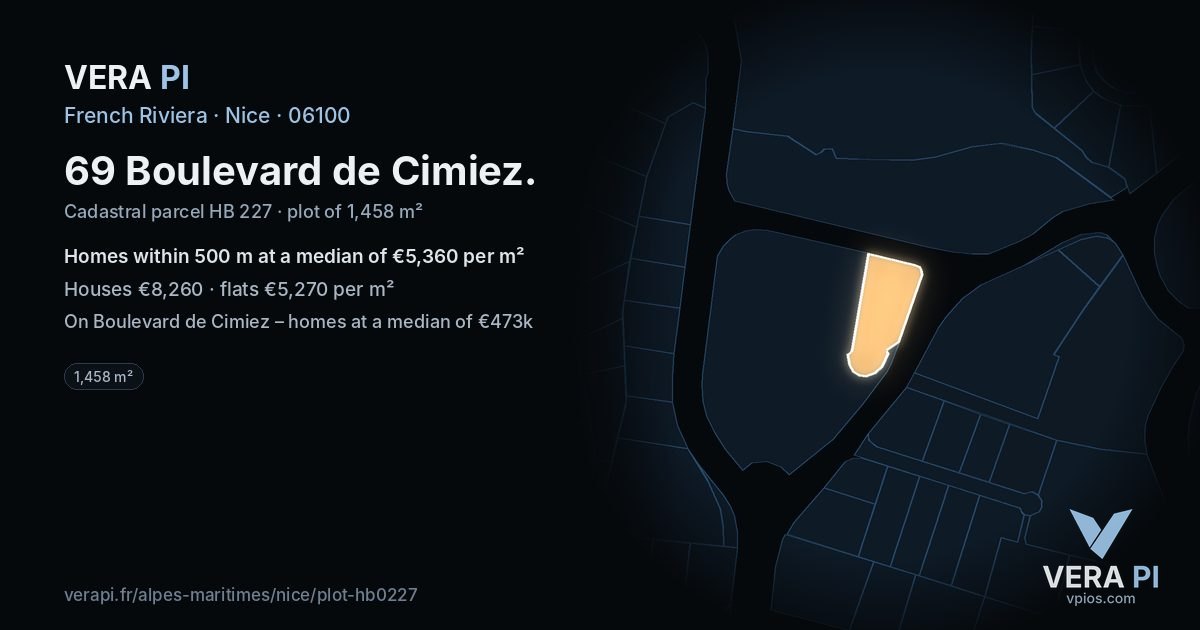 69 Boulevard de Cimiez, Nice at night – the plot lit, the parcels around coloured by the prices near them