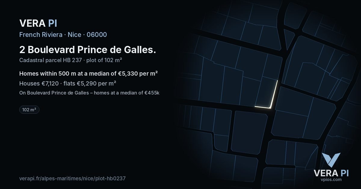 2 Boulevard Prince de Galles, Nice at night – the plot lit, the parcels around coloured by the prices near them