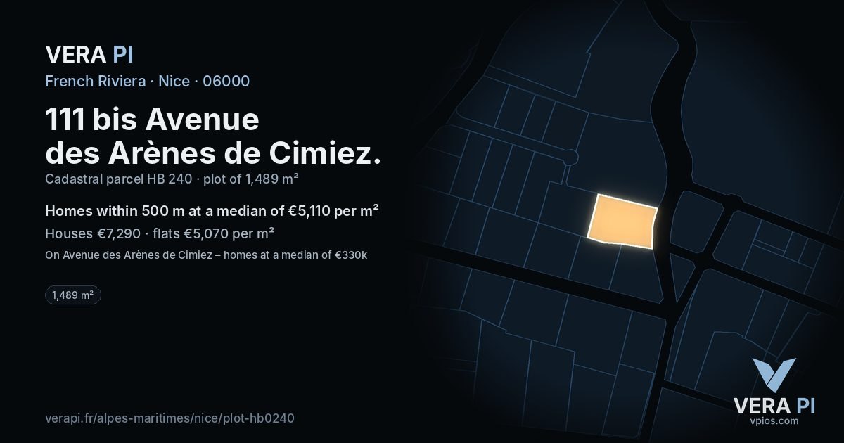 111 bis Avenue des Arènes de Cimiez, Nice at night – the plot lit, the parcels around coloured by the prices near them