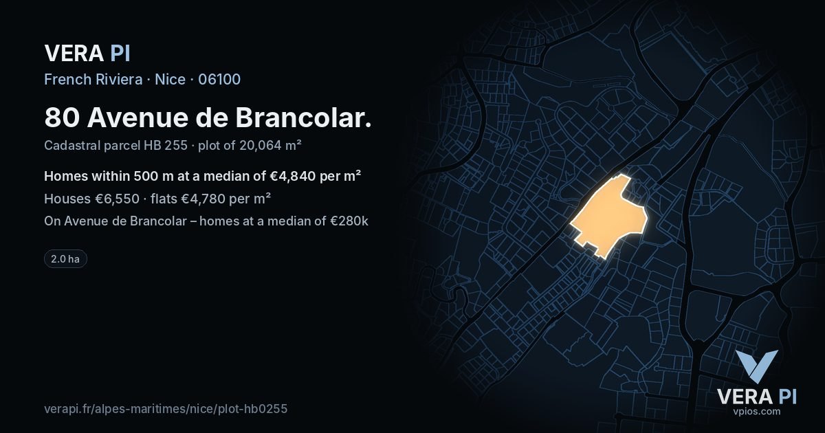 80 Avenue de Brancolar, Nice at night – the plot lit, the parcels around coloured by the prices near them