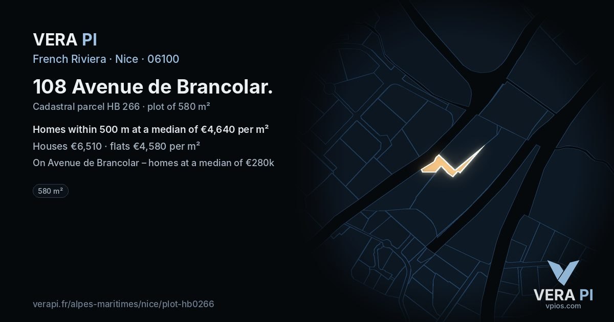108 Avenue de Brancolar, Nice at night – the plot lit, the parcels around coloured by the prices near them