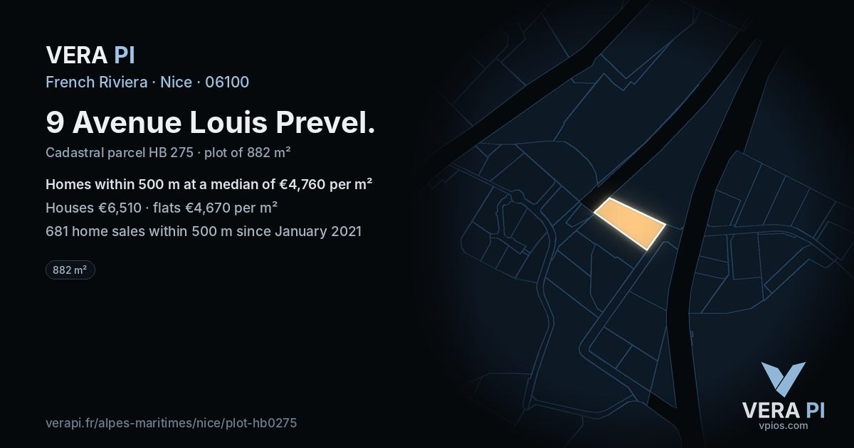 9 Avenue Louis Prevel, Nice at night – the plot lit, the parcels around coloured by the prices near them