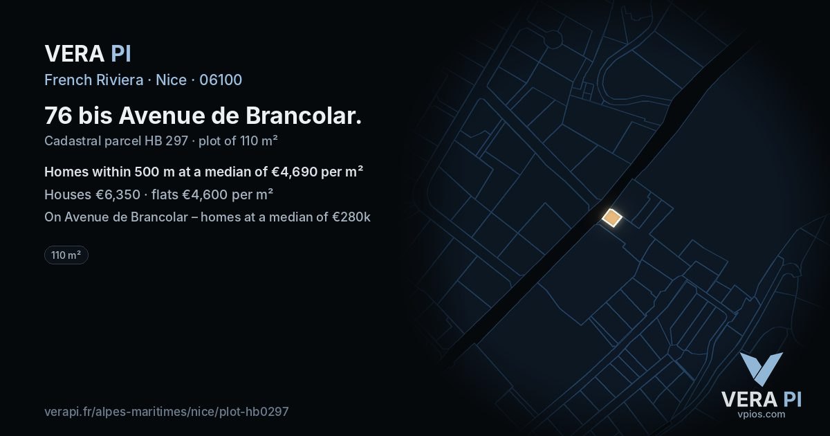 76 bis Avenue de Brancolar, Nice at night – the plot lit, the parcels around coloured by the prices near them